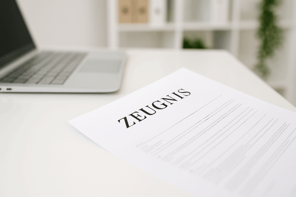 Arbeitszeugnis auf einem weißen Schreibtisch neben einem Laptop – Symbol für Reflexion, berufliche Zwischenbilanz und Neubeginn.
