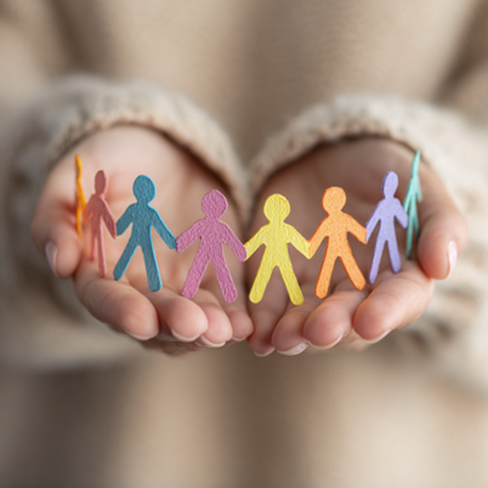 Bunte Papierfiguren in offenen Händen symbolisieren neurodiverse Vielfalt und unterschiedliche Denkweisen im Arbeitsleben.