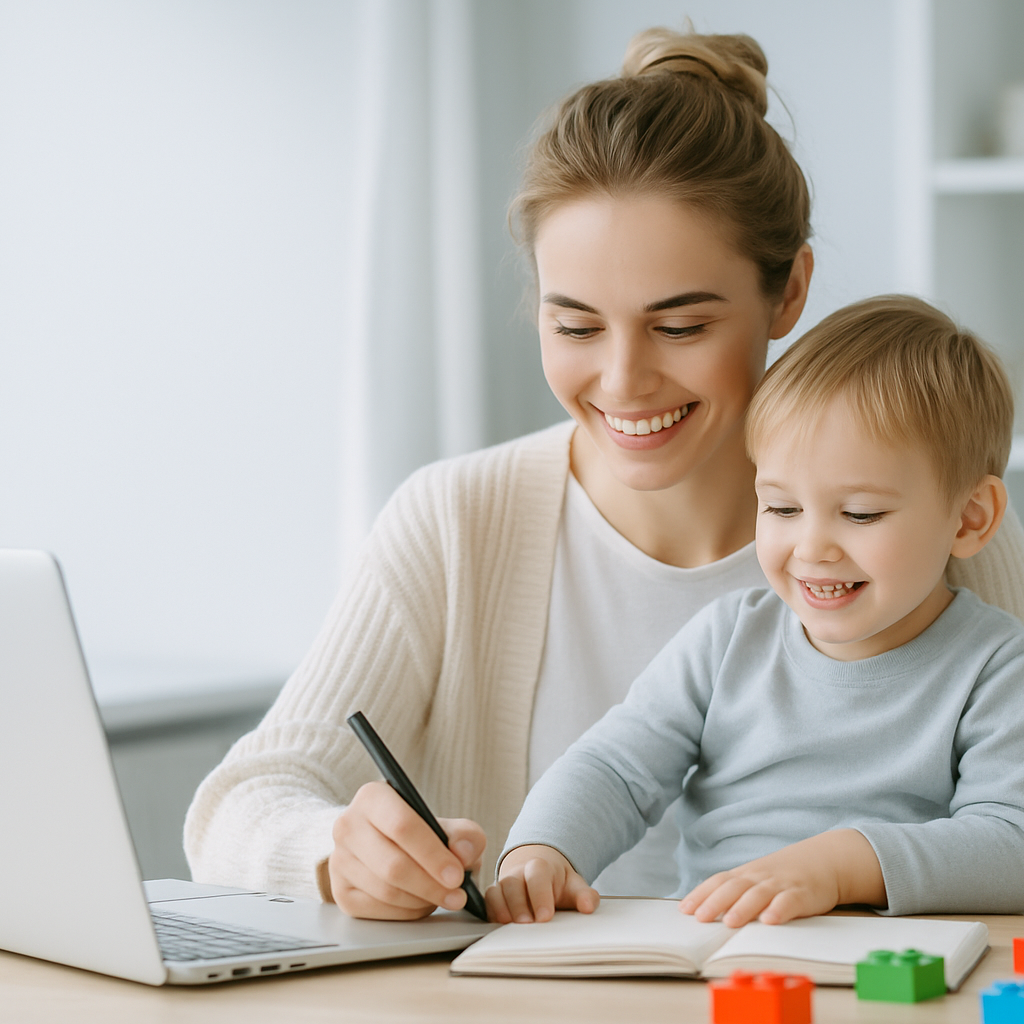 Mutter arbeitet im Homeoffice am Laptop, während ihr lächelndes Kleinkind auf dem Schoß sitzt – Bild zur Vereinbarkeit von Familie und Beruf nach der Elternzeit.