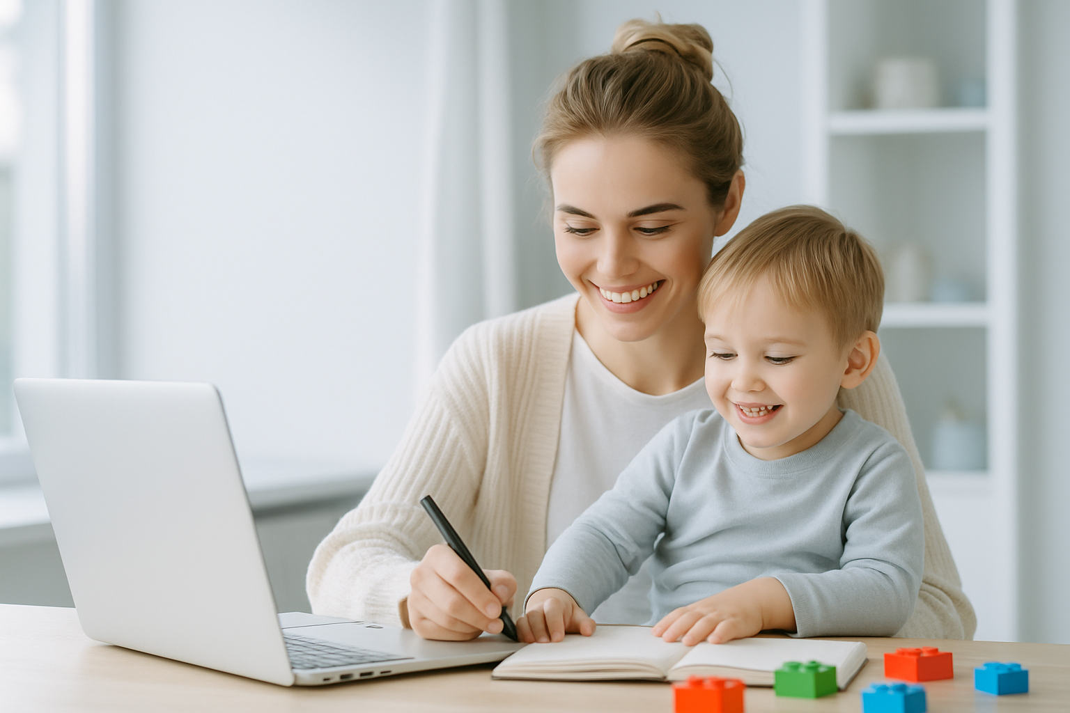 Mutter arbeitet im Homeoffice am Laptop, während ihr lächelndes Kleinkind auf dem Schoß sitzt – Bild zur Vereinbarkeit von Familie und Beruf nach der Elternzeit.