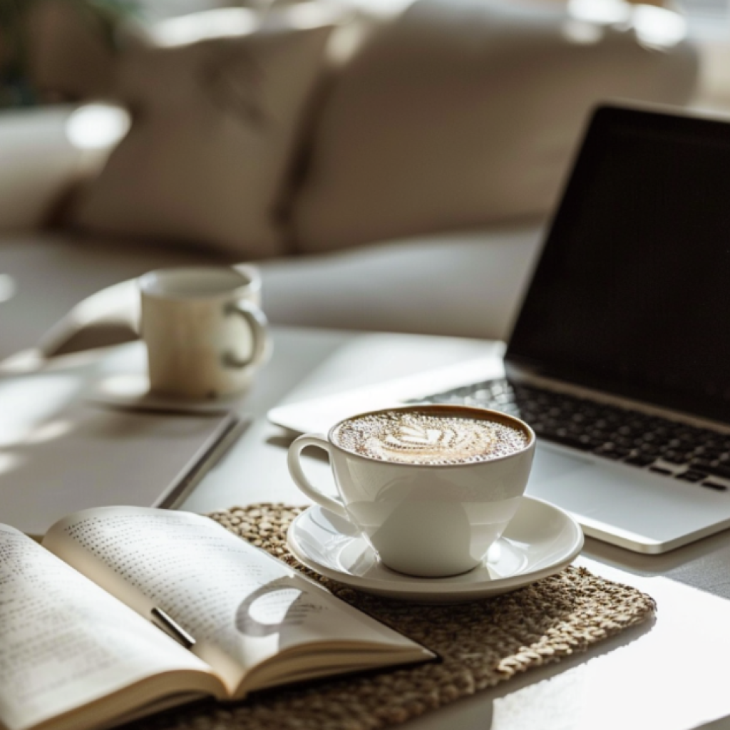 Heller Arbeitsplatz mit Cappuccino, geöffnetem Buch und Laptop im Tageslicht.