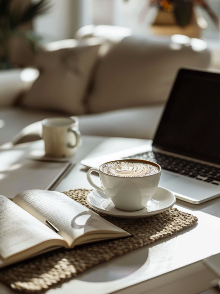 Moderner Arbeitsplatz mit Laptop und Buch – Individuelles Gründungscoaching für Frauen zur Existenzgründung mit Andrea Ruisinger, online & deutschlandweit.