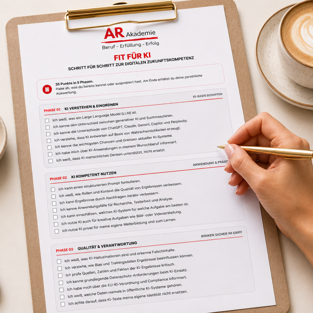 Frau füllt die gedruckte Checkliste Fit für KI der AR Akademie auf einem Klemmbrett aus – digitale Zukunftskompetenz und Neuorientierung.