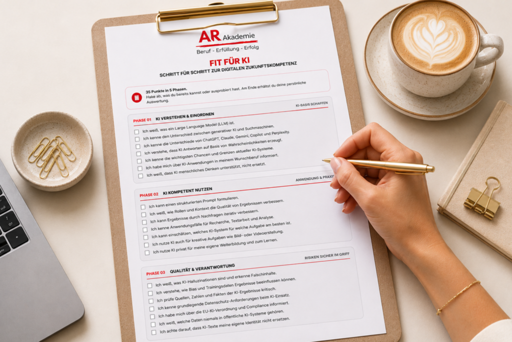 Frau füllt die gedruckte Checkliste Fit für KI der AR Akademie auf einem Klemmbrett aus – digitale Zukunftskompetenz und Neuorientierung.