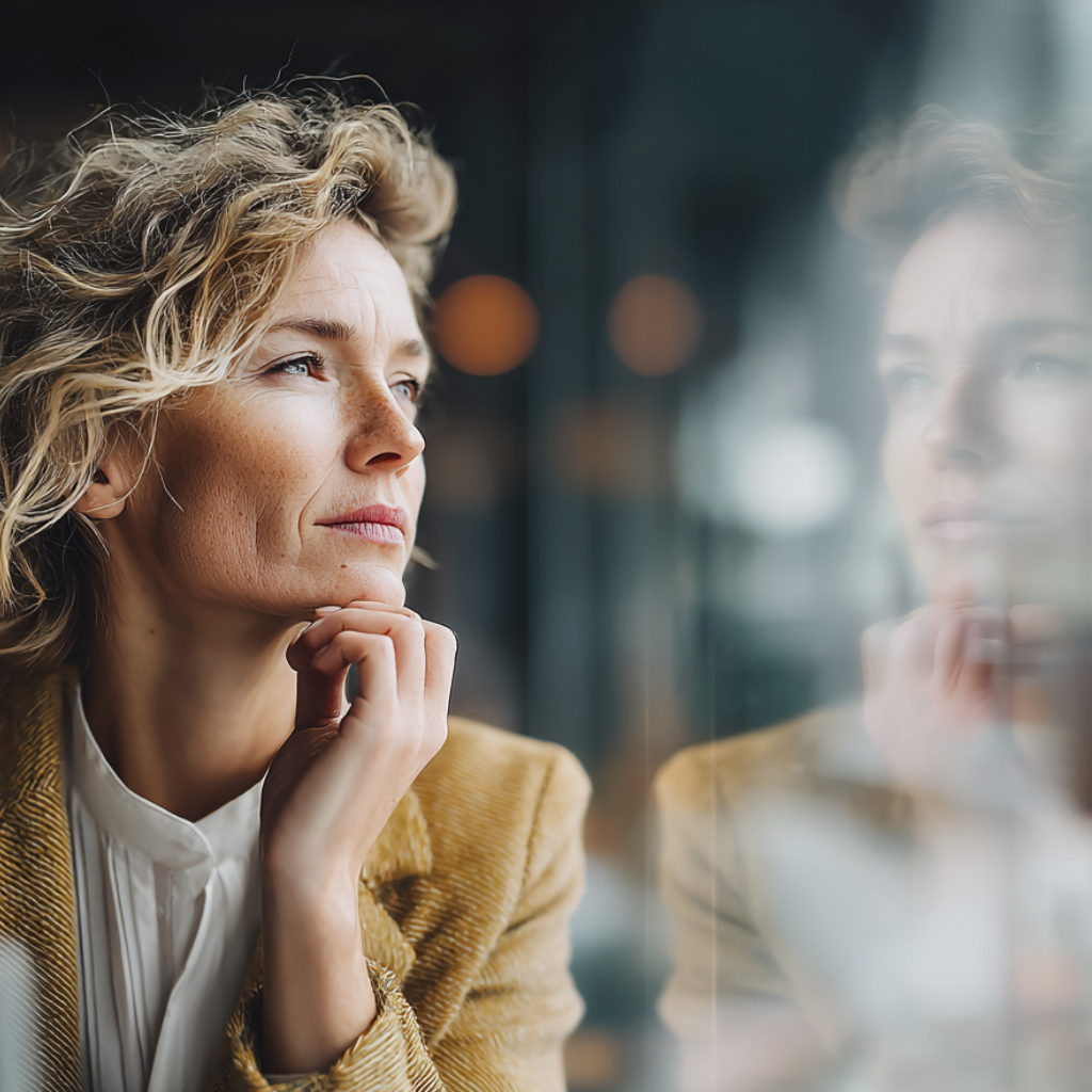 Frau blickt nachdenklich aus dem Fenster und sieht ihr Spiegelbild – Symbolbild für Selbstzweifel und Impostor-Syndrom bei Frauen, Andrea Ruisinger Akademie Coaching online & deutschlandweit