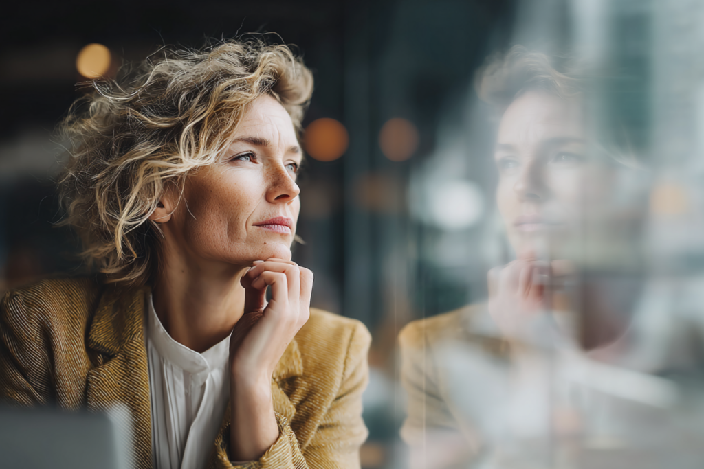 Frau blickt nachdenklich aus dem Fenster und sieht ihr Spiegelbild – Symbolbild für Selbstzweifel und Impostor-Syndrom bei Frauen, Andrea Ruisinger Akademie Coaching online & deutschlandweit
