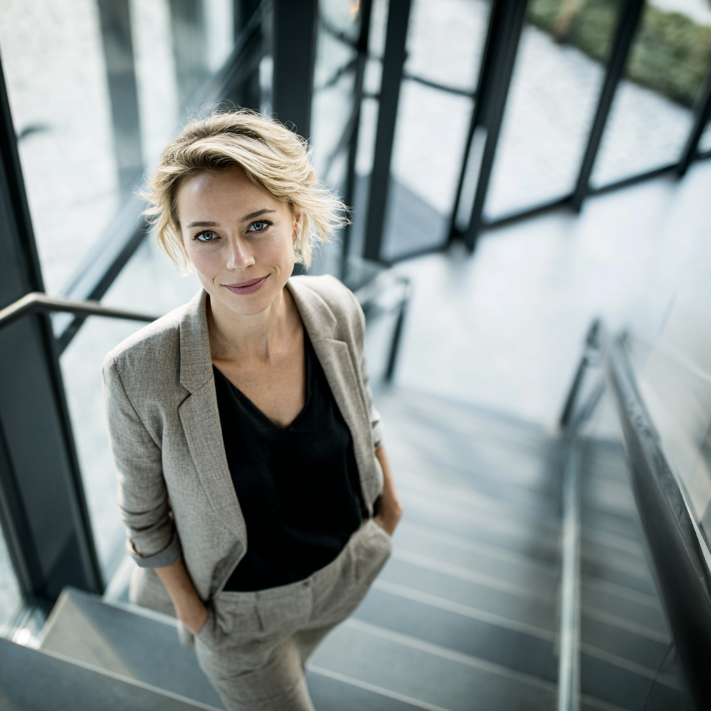 Selbstbewusste Frau im Business-Outfit steht auf einer modernen Treppe mit Glasfront – Symbolbild für Karriere, Sichtbarkeit und berufliche Entwicklung | Coaching online & deutschlandweit