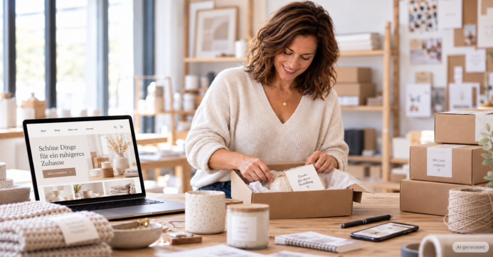 Frau verpackt eine Kundenbestellung für ihren nebenberuflich betriebenen Onlineshop | Andrea Ruisinger Akademie
