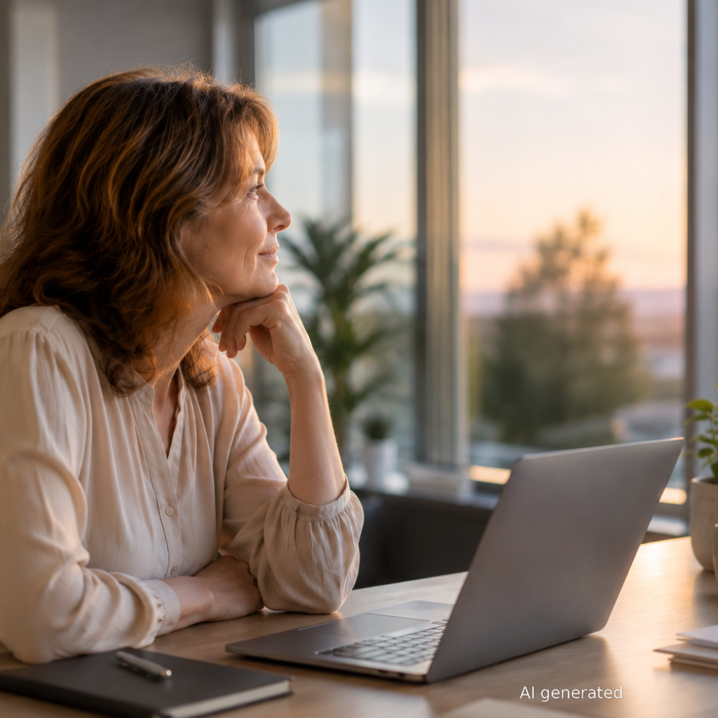 Frau blickt nachdenklich aus dem Fenster, Laptop auf dem Schreibtisch – Quereinstieg mit 40 oder 50 | Andrea Ruisinger Akademie