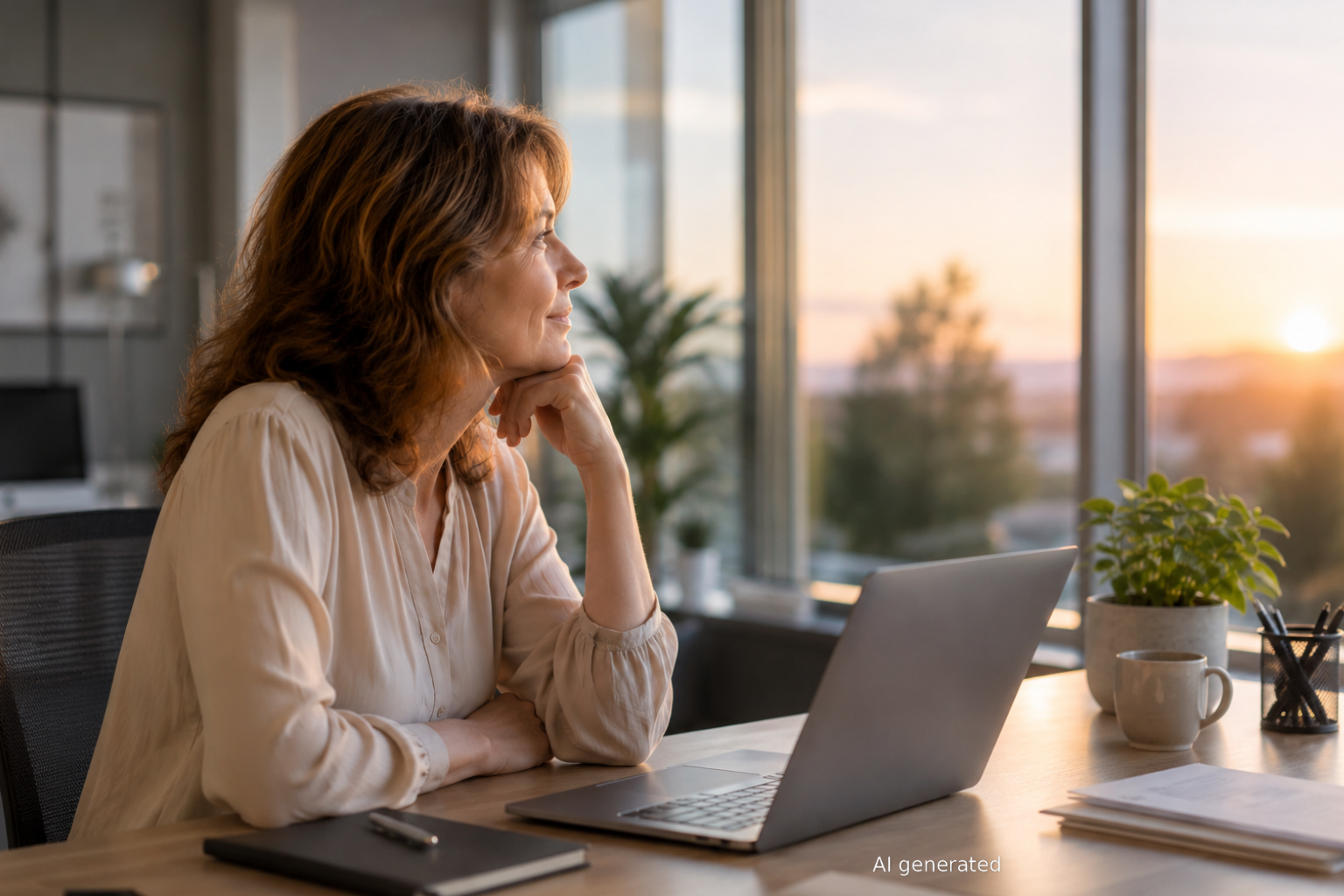 Frau blickt nachdenklich aus dem Fenster, Laptop auf dem Schreibtisch – Quereinstieg mit 40 oder 50 | Andrea Ruisinger Akademie