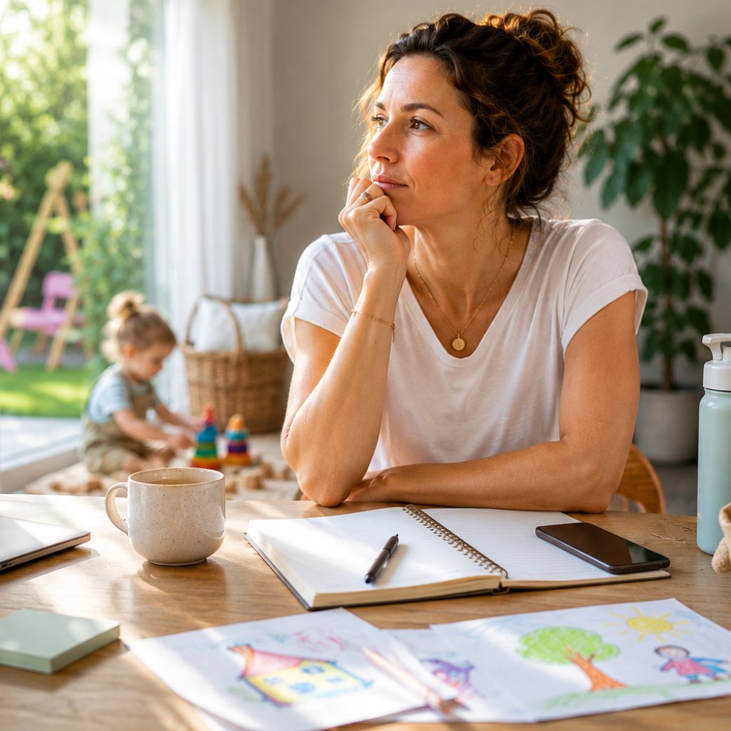 Nachdenkliche Mutter sitzt mit Notizbuch am Küchentisch, während ihr Kind im Hintergrund spielt – Symbolbild für berufliche Neuorientierung, Vereinbarkeit von Familie und Beruf und innere Klarheit | Coaching online & deutschlandweit