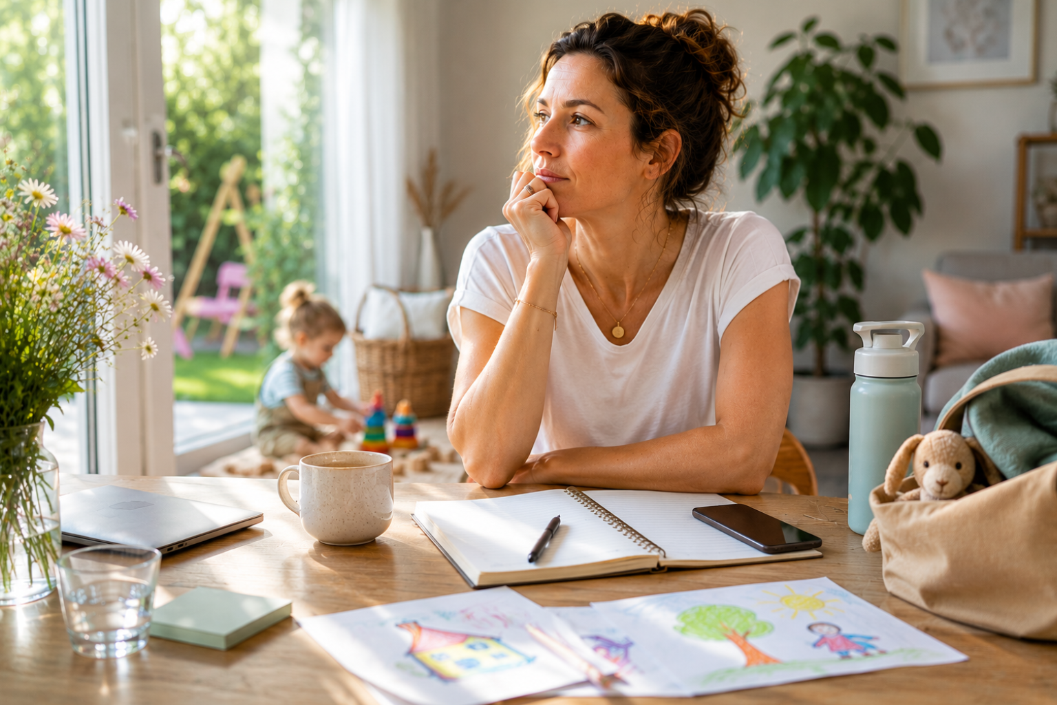 Nachdenkliche Mutter sitzt mit Notizbuch am Küchentisch, während ihr Kind im Hintergrund spielt – Symbolbild für berufliche Neuorientierung, Vereinbarkeit von Familie und Beruf und innere Klarheit | Coaching online & deutschlandweit