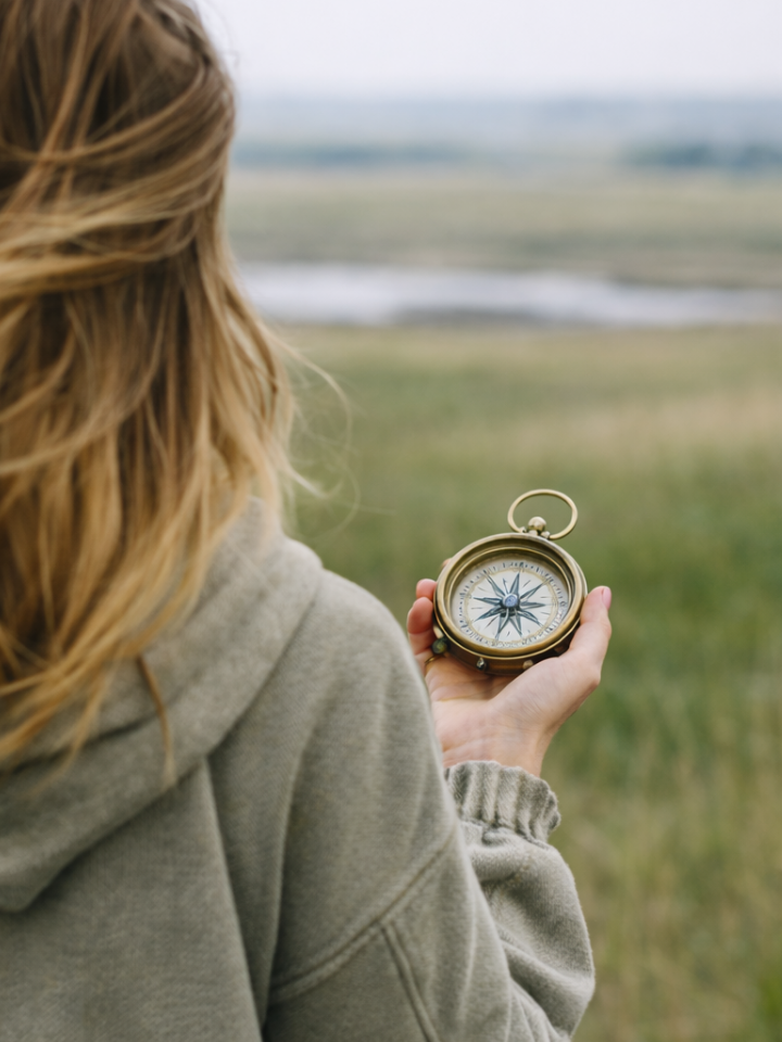 Frau hält einen Kompass in ruhiger Landschaft – Stärkencoaching zur Potenzialentfaltung und inneren Orientierung bei der Andrea Ruisinger Akademie, online & deutschlandweit.