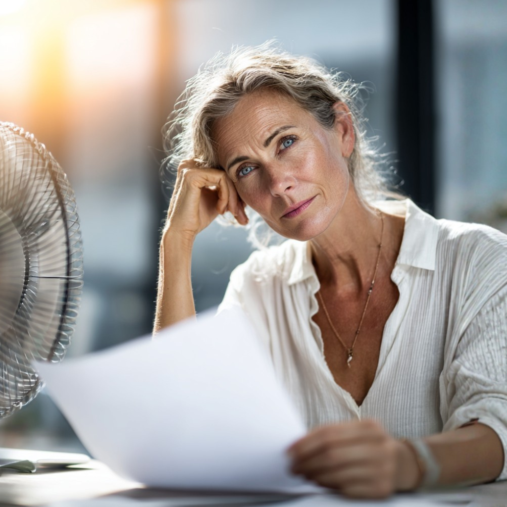 Frau Mitte 40 sitzt am Schreibtisch neben einem Ventilator und hält ein Dokument in der Hand – Symbolbild für Wechseljahre im Job und berufliche Neuorientierung bei der Andrea Ruisinger Akademie, Coaching online & deutschlandweit