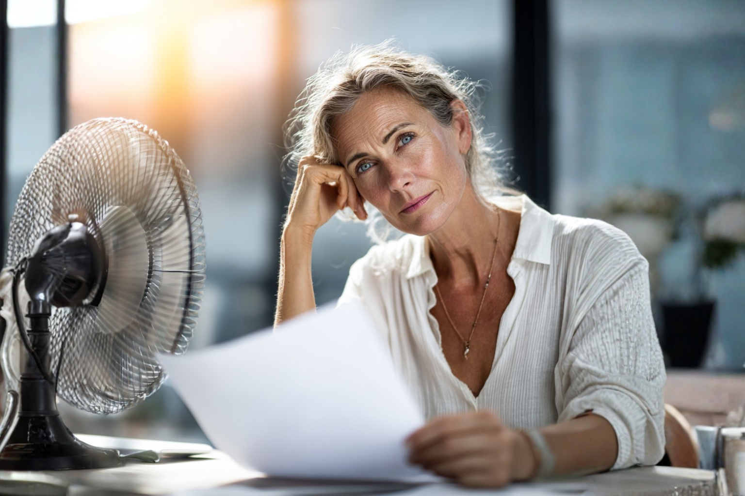 Frau Mitte 40 sitzt am Schreibtisch neben einem Ventilator und hält ein Dokument in der Hand – Symbolbild für Wechseljahre im Job und berufliche Neuorientierung bei der Andrea Ruisinger Akademie, Coaching online & deutschlandweit