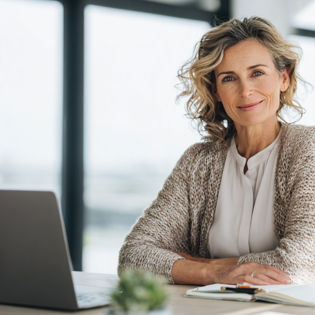 Selbstbewusste Frau Mitte 40 sitzt an einem Schreibtisch mit Laptop und Notizbuch im modernen Büro – Symbolbild für Wiedereinstieg in den Job bei der Andrea Ruisinger Akademie, Coaching online & deutschlandweit